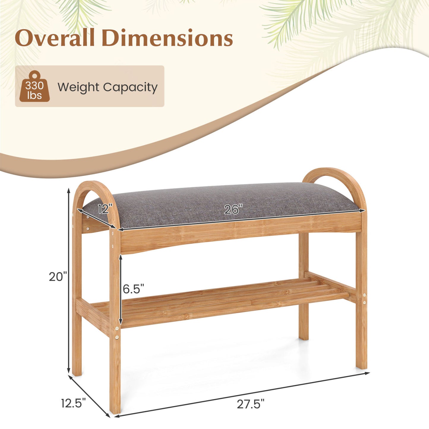 2-Tier Bamboo Shoe Bench with Padded Cushion and Shelf, Gray Shoe Racks & Storage Benches at Gallery Canada