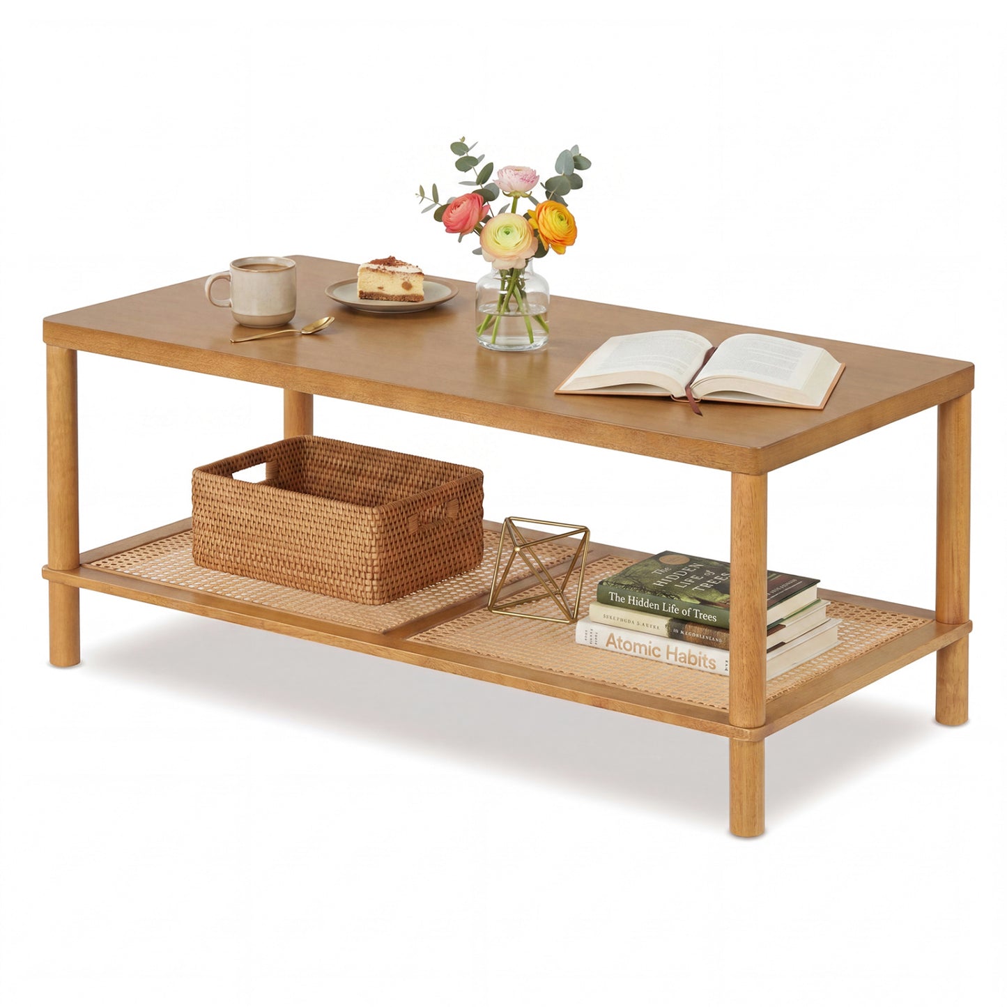 2-Tier Boho Coffee Table for Living Room Rectangular Center Table with Rubber Wood Frame and PVC Rattan Storage Shelf, Rustic Brown Coffee Tables Rustic Brown at Gallery Canada