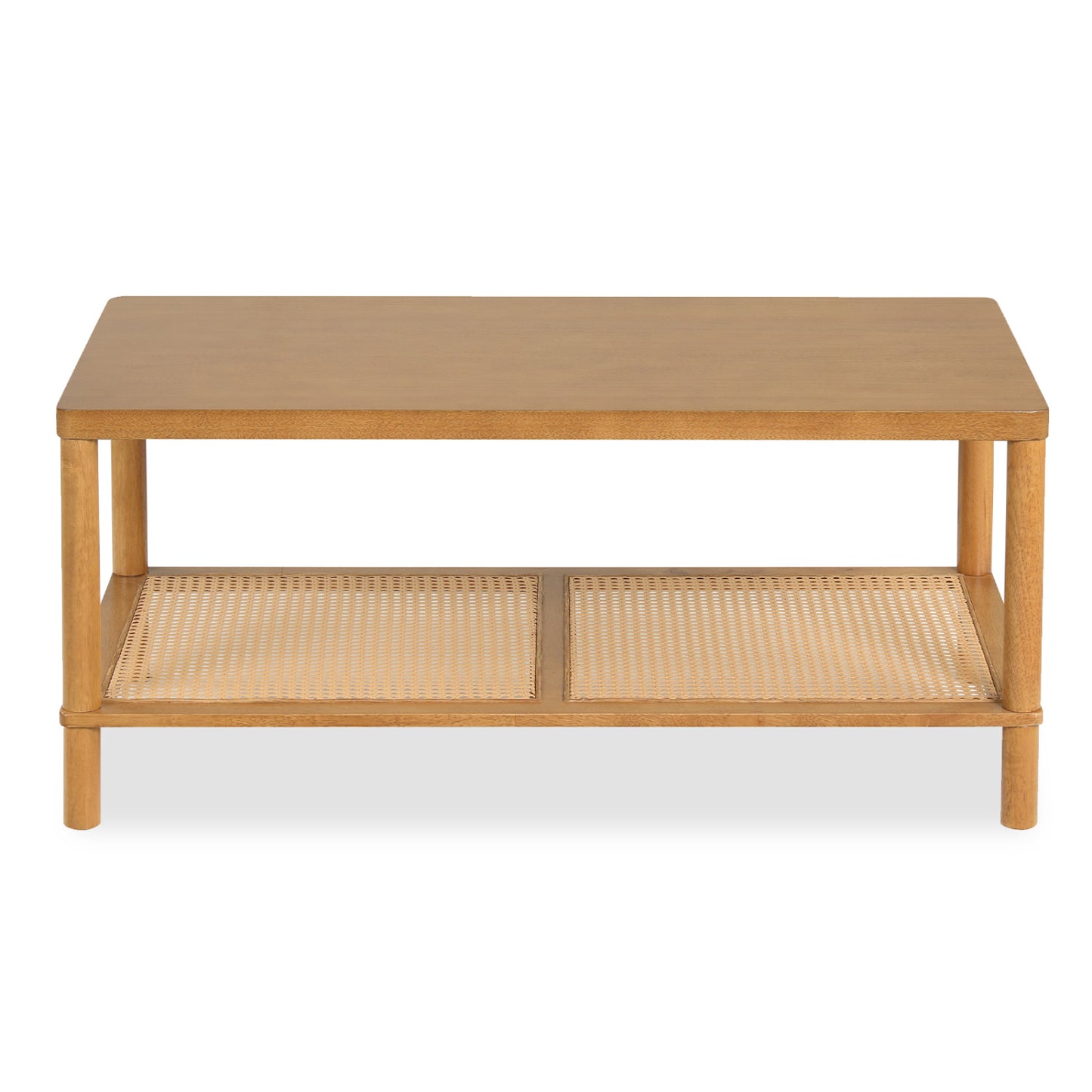 2-Tier Boho Coffee Table for Living Room Rectangular Center Table with Rubber Wood Frame and PVC Rattan Storage Shelf, Rustic Brown Coffee Tables at Gallery Canada