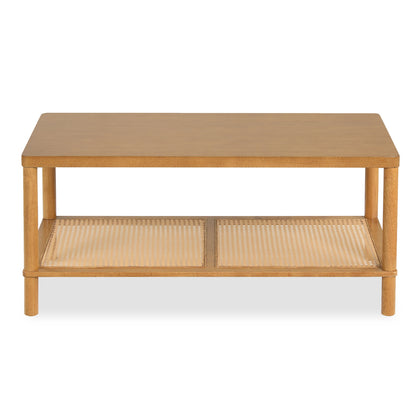 2-Tier Boho Coffee Table for Living Room Rectangular Center Table with Rubber Wood Frame and PVC Rattan Storage Shelf, Rustic Brown Coffee Tables at Gallery Canada
