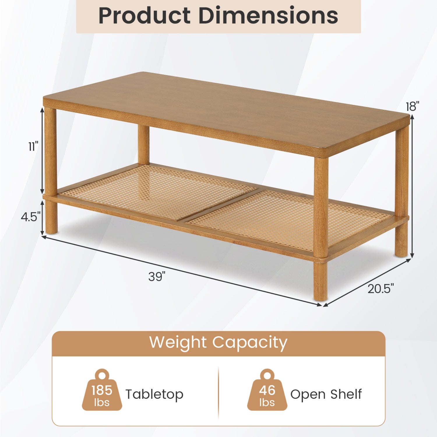 2-Tier Boho Coffee Table for Living Room Rectangular Center Table with Rubber Wood Frame and PVC Rattan Storage Shelf, Rustic Brown Coffee Tables at Gallery Canada