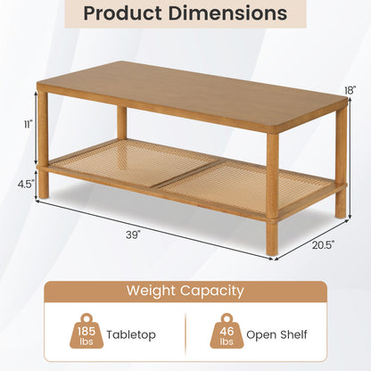 2-Tier Boho Coffee Table for Living Room Rectangular Center Table with Rubber Wood Frame and PVC Rattan Storage Shelf, Rustic Brown Coffee Tables at Gallery Canada