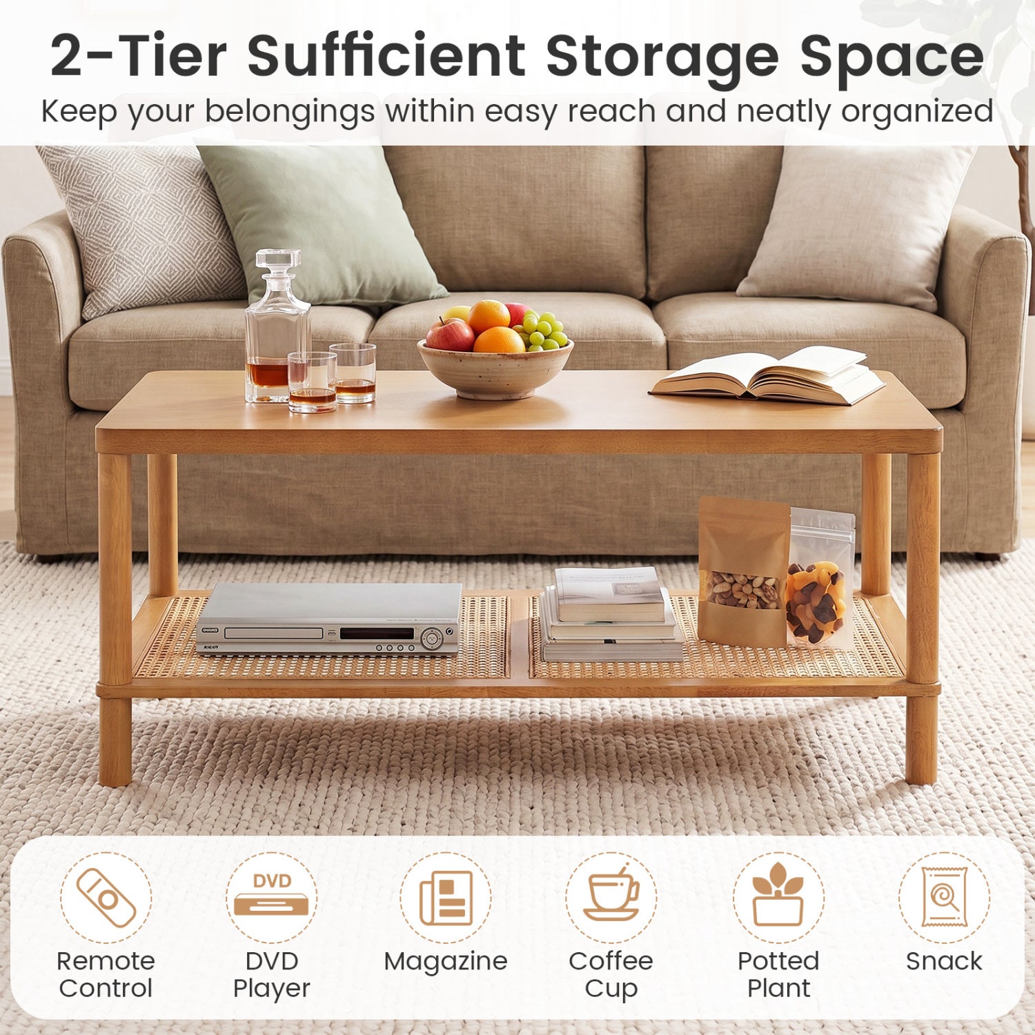 2-Tier Boho Coffee Table for Living Room Rectangular Center Table with Rubber Wood Frame and PVC Rattan Storage Shelf, Rustic Brown Coffee Tables at Gallery Canada