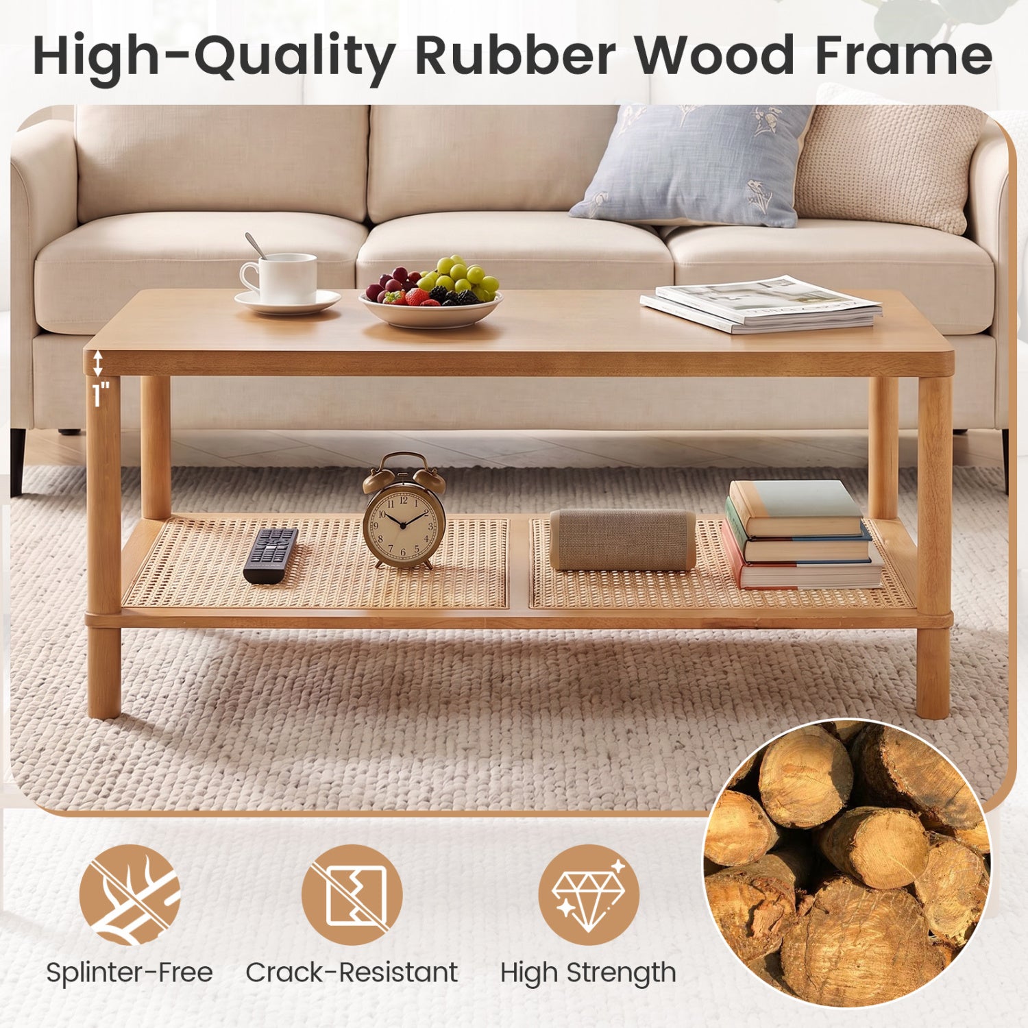 2-Tier Boho Coffee Table for Living Room Rectangular Center Table with Rubber Wood Frame and PVC Rattan Storage Shelf, Rustic Brown Coffee Tables at Gallery Canada