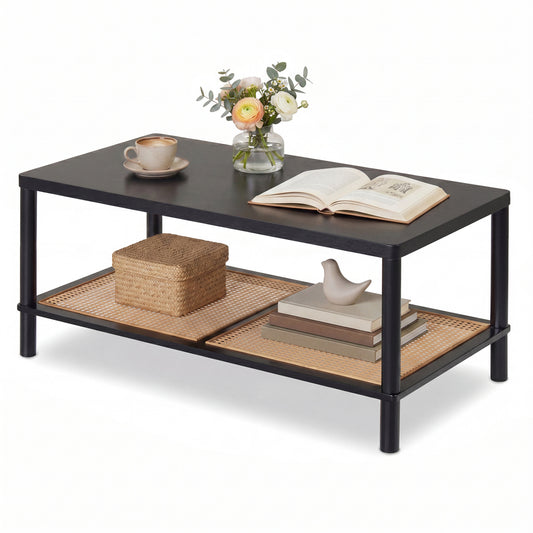 2-Tier Boho Coffee Table, Rubber Wood Frame, PVC Rattan Shelf, Black Coffee Tables Black at Gallery Canada