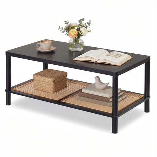 2-Tier Boho Coffee Table, Rubber Wood Frame, PVC Rattan Shelf, Black