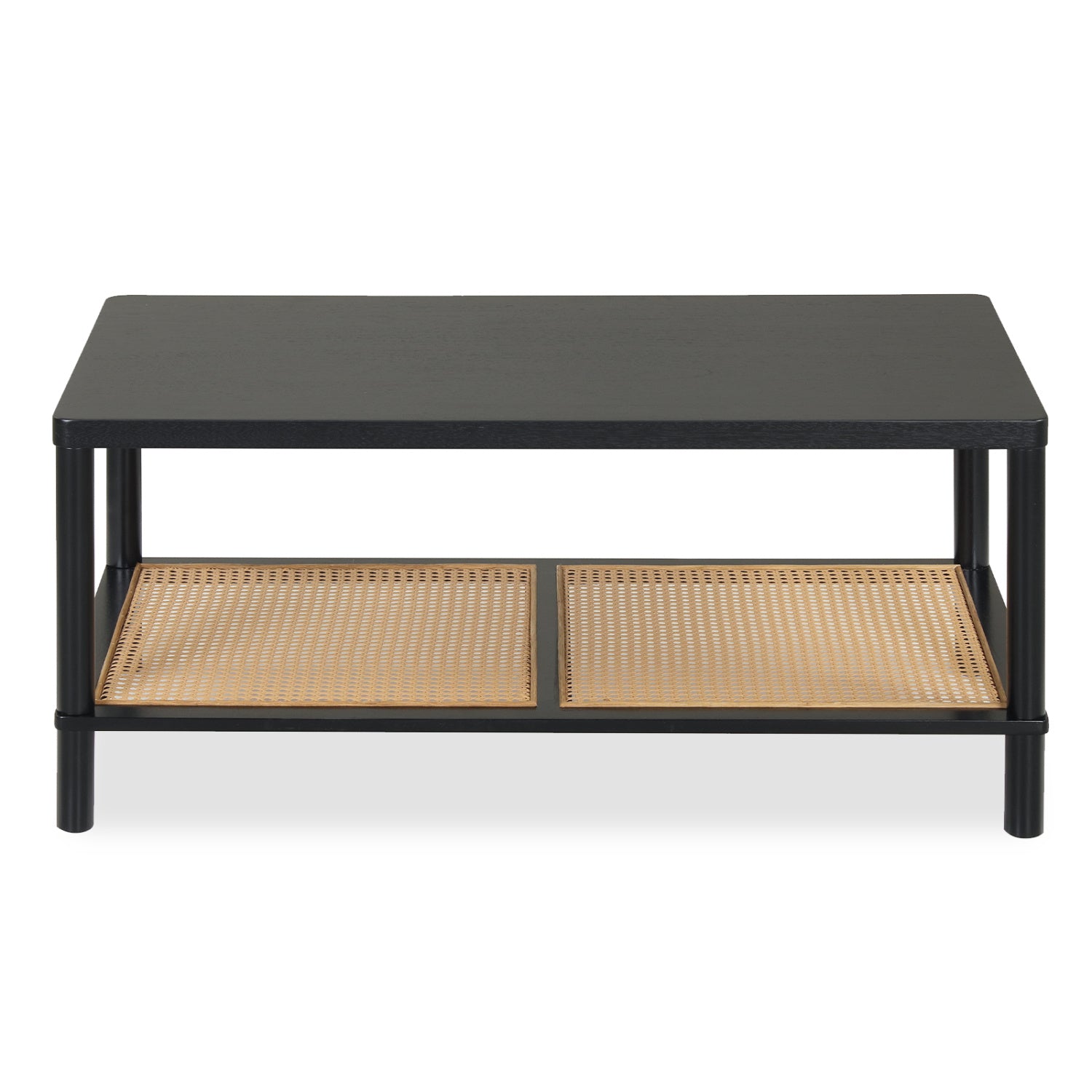 2-Tier Boho Coffee Table, Rubber Wood Frame, PVC Rattan Shelf, Black Coffee Tables at Gallery Canada