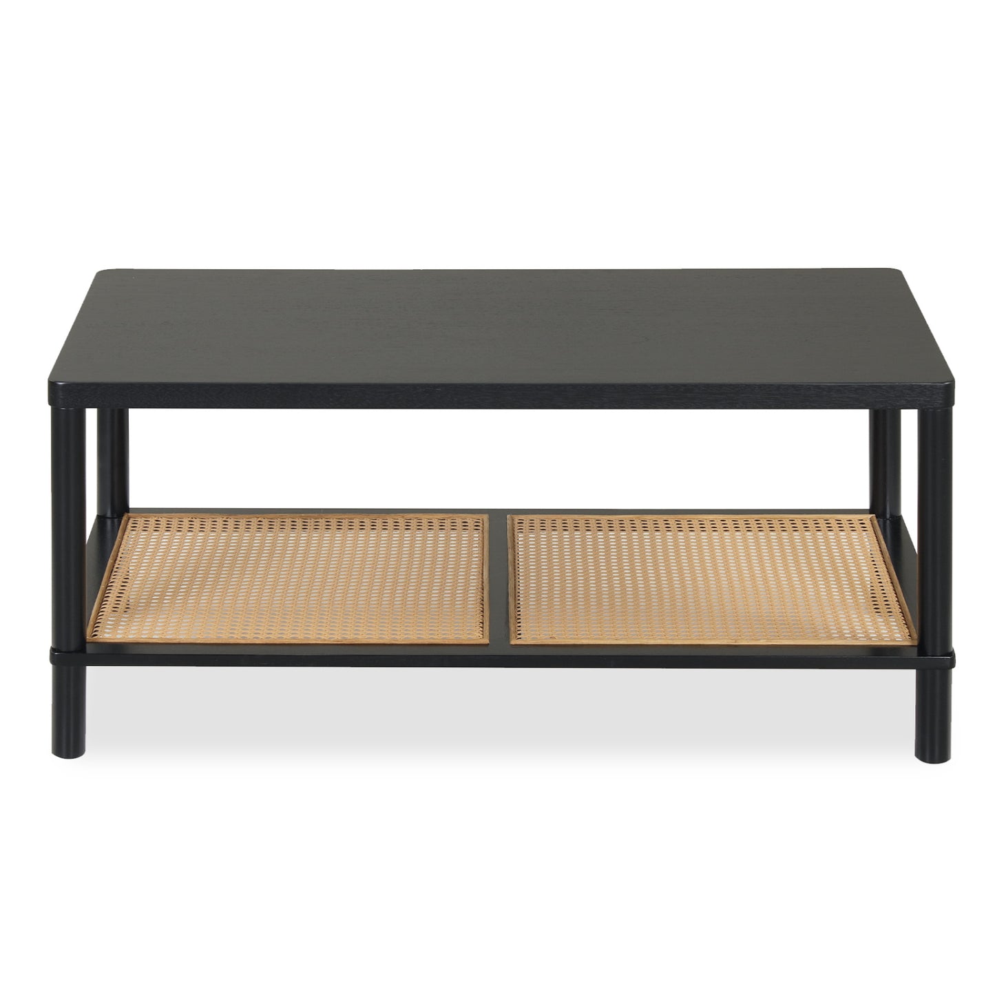 2-Tier Boho Coffee Table, Rubber Wood Frame, PVC Rattan Shelf, Black Coffee Tables at Gallery Canada