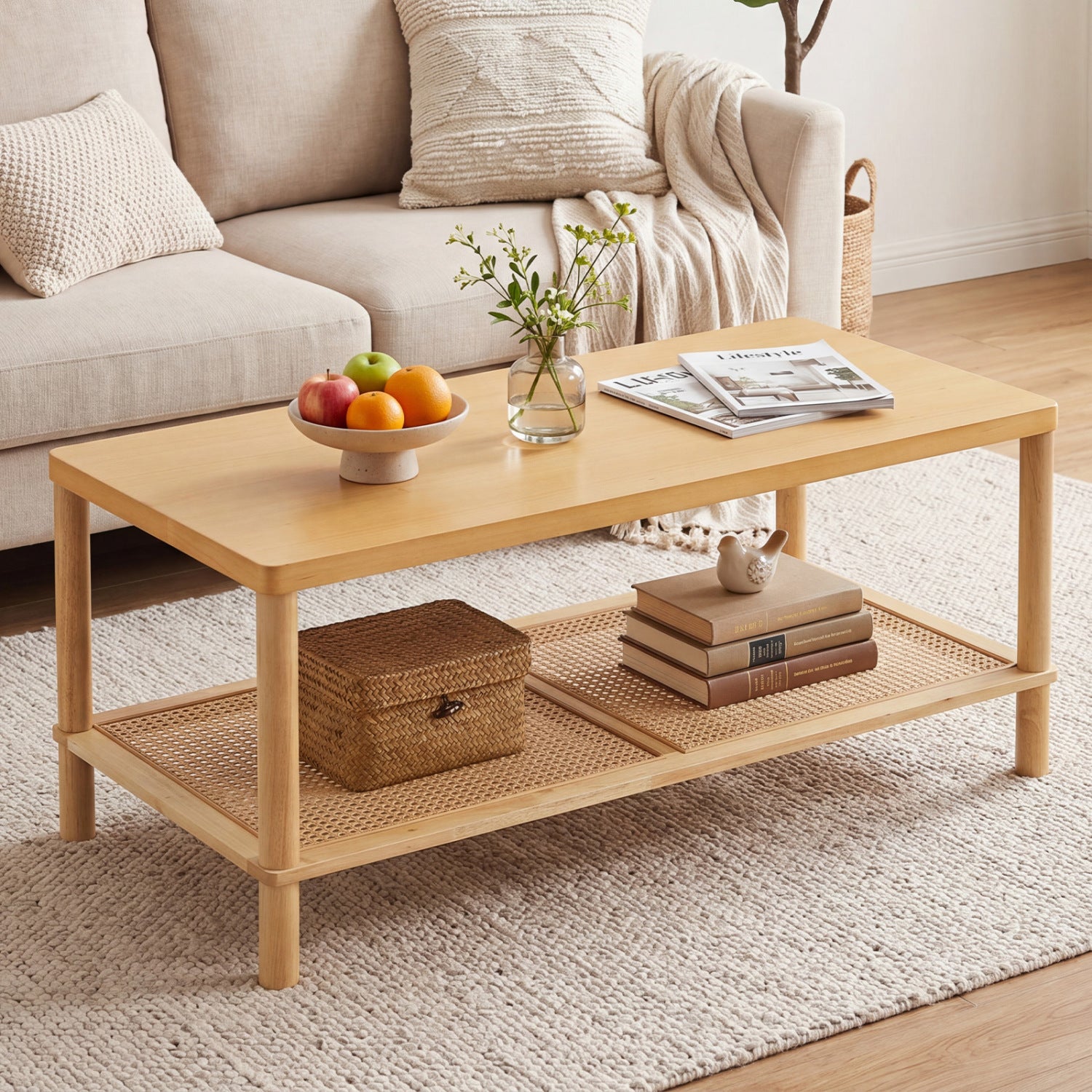 2-Tier Boho Coffee Table, Rectangular, PVC Rattan Shelf, Rubber Wood, Natural Coffee Tables at Gallery Canada