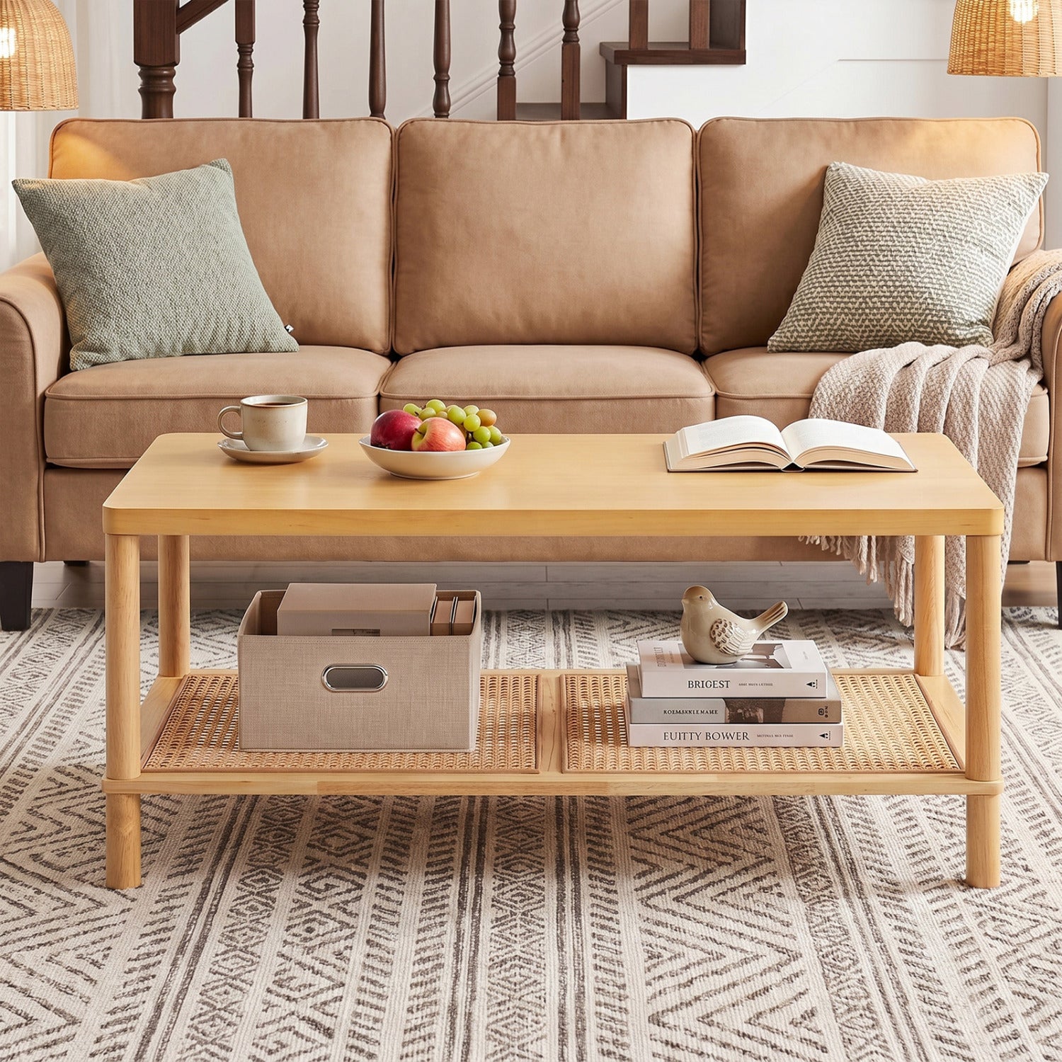 2-Tier Boho Coffee Table, Rectangular, PVC Rattan Shelf, Rubber Wood, Natural Coffee Tables at Gallery Canada