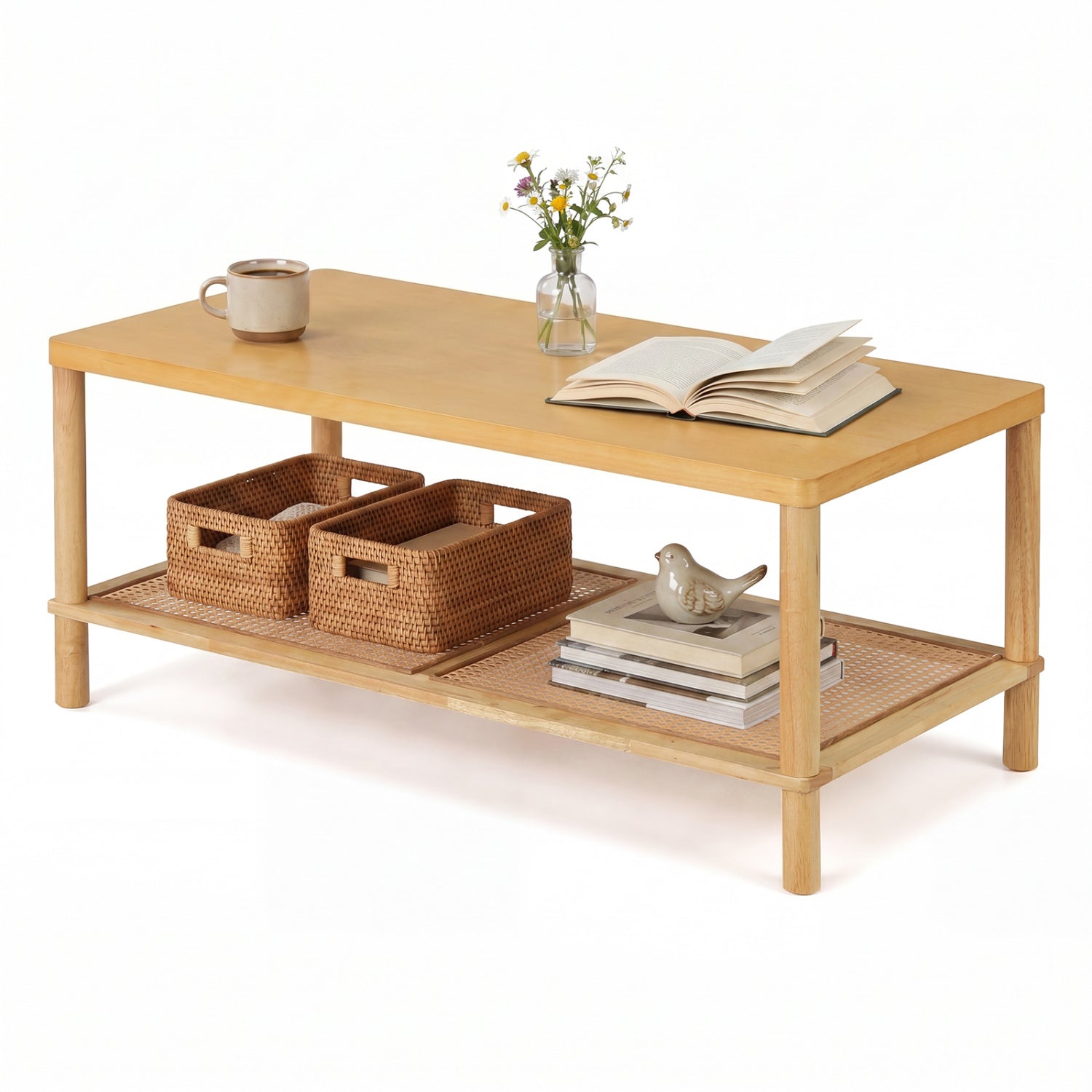 2-Tier Boho Coffee Table, Rectangular, PVC Rattan Shelf, Rubber Wood, Natural Coffee Tables Natural at Gallery Canada