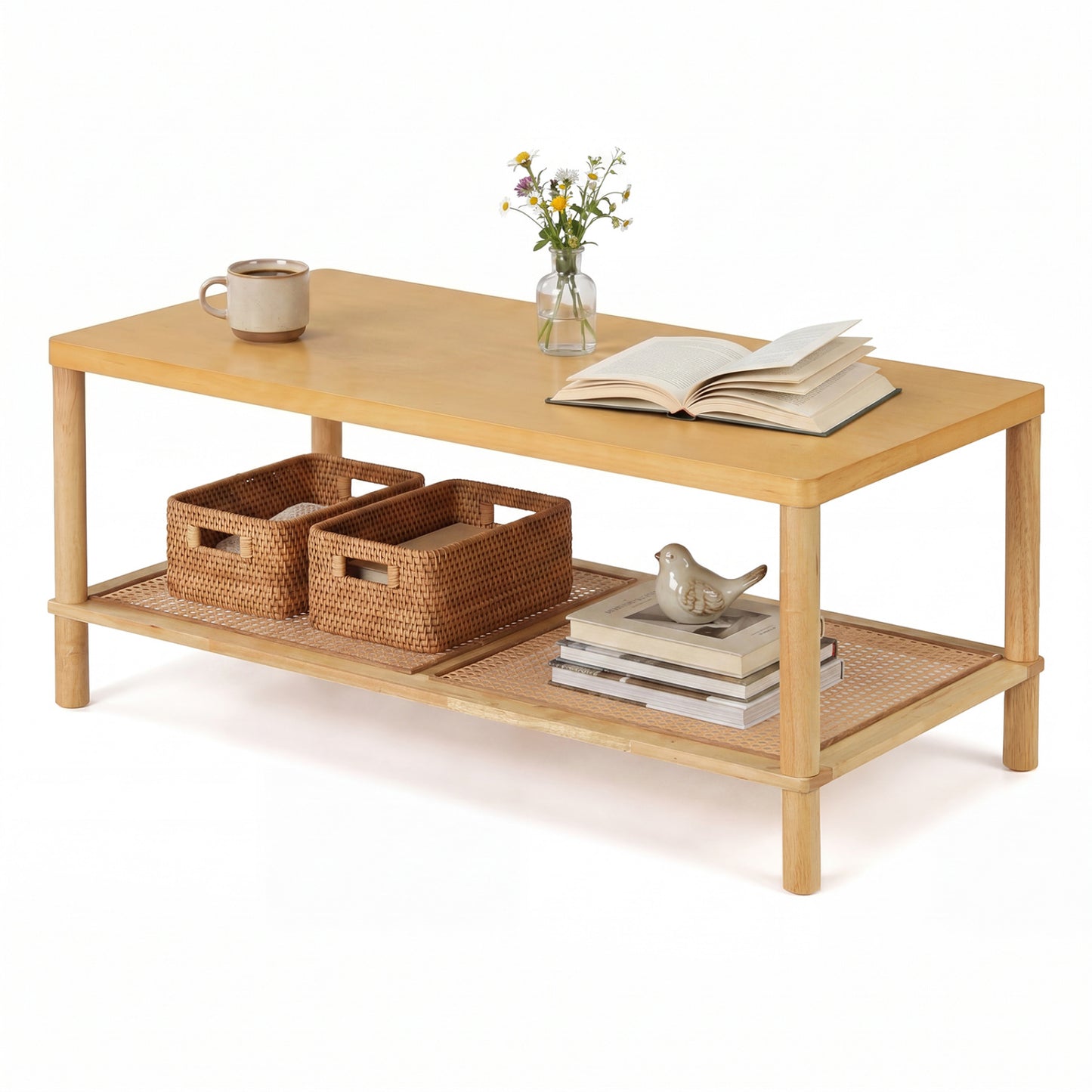 2-Tier Boho Coffee Table, Rectangular, PVC Rattan Shelf, Rubber Wood, Natural Coffee Tables Natural at Gallery Canada