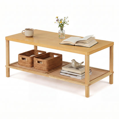 2-Tier Boho Coffee Table, Rectangular, PVC Rattan Shelf, Rubber Wood, Natural Coffee Tables Natural at Gallery Canada
