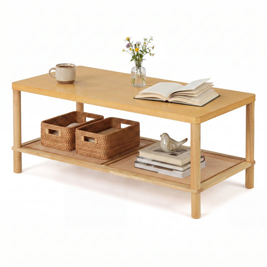 2-Tier Boho Coffee Table, Rectangular, PVC Rattan Shelf, Rubber Wood, Natural Coffee Tables Natural at Gallery Canada
