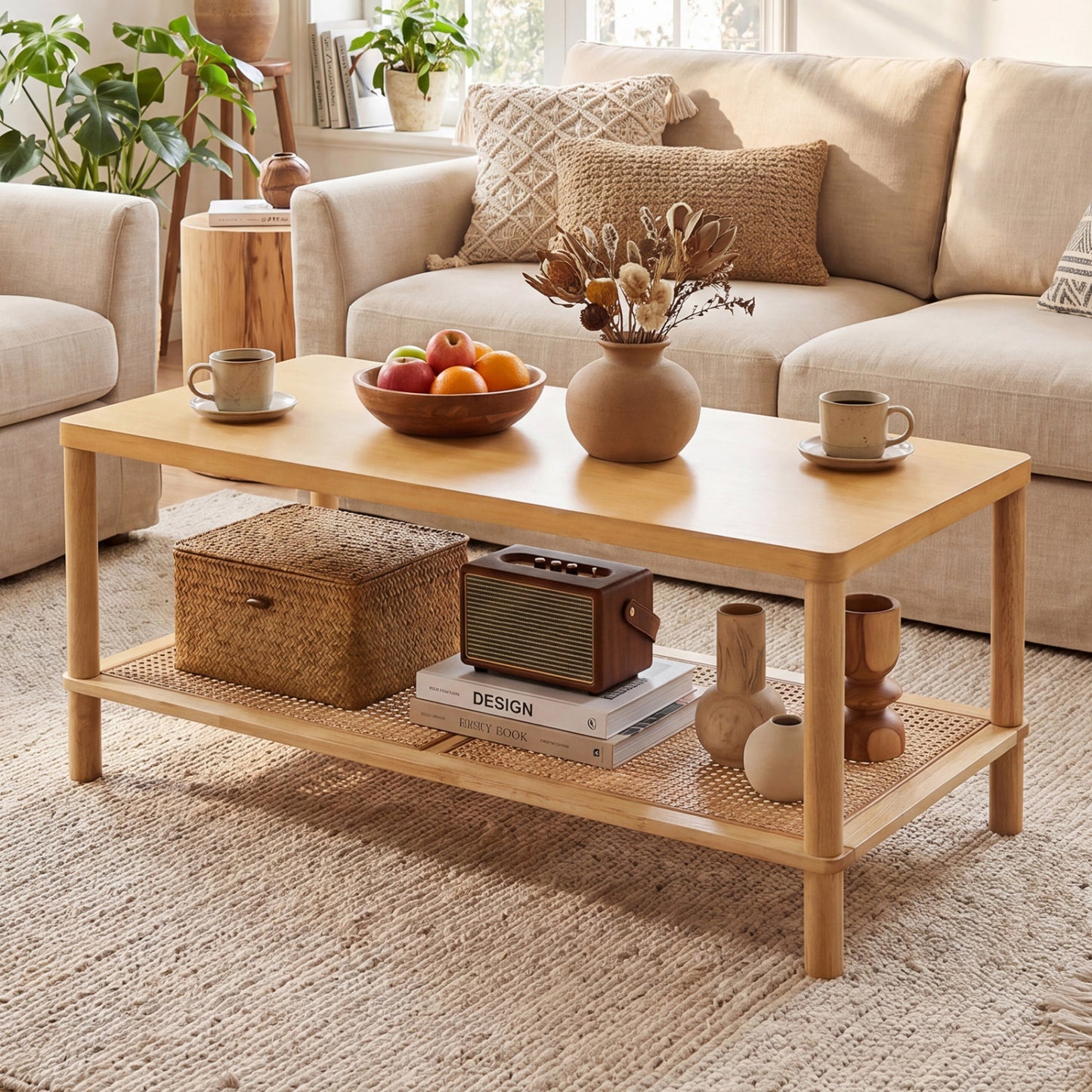 2-Tier Boho Coffee Table, Rectangular, PVC Rattan Shelf, Rubber Wood, Natural Coffee Tables at Gallery Canada