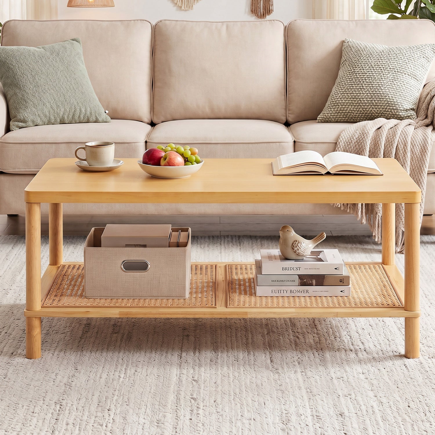 2-Tier Boho Coffee Table, Rectangular, PVC Rattan Shelf, Rubber Wood, Natural Coffee Tables at Gallery Canada