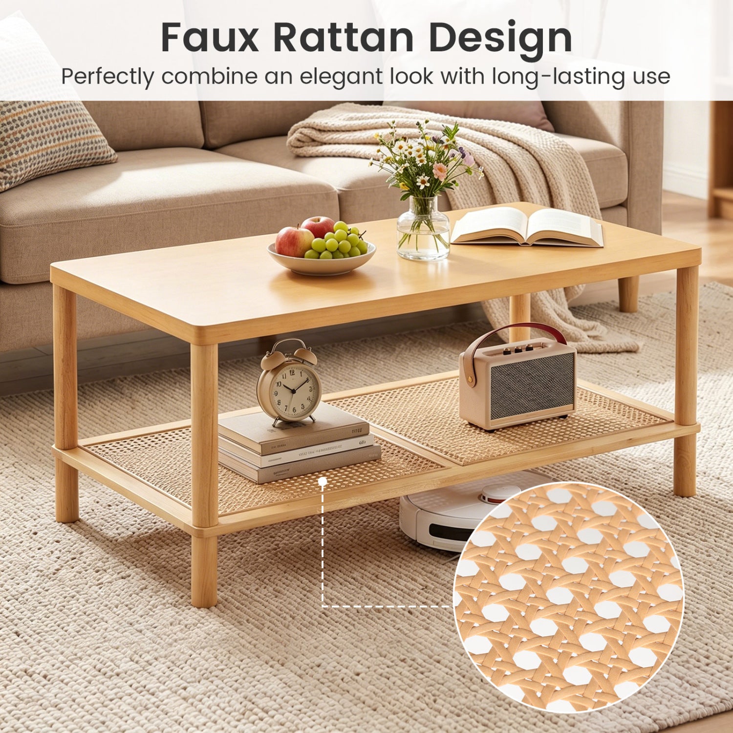 2-Tier Boho Coffee Table, Rectangular, PVC Rattan Shelf, Rubber Wood, Natural Coffee Tables at Gallery Canada
