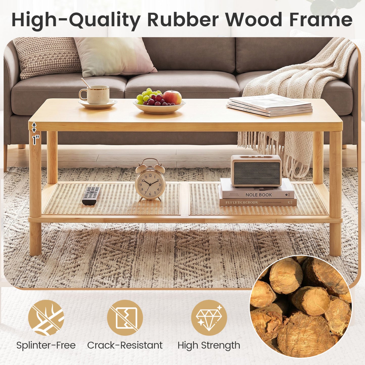 2-Tier Boho Coffee Table, Rectangular, PVC Rattan Shelf, Rubber Wood, Natural Coffee Tables at Gallery Canada