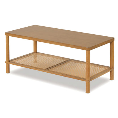 2-Tier Boho Coffee Table for Living Room Rectangular Center Table with Rubber Wood Frame and PVC Rattan Storage Shelf, Rustic Brown Coffee Tables at Gallery Canada