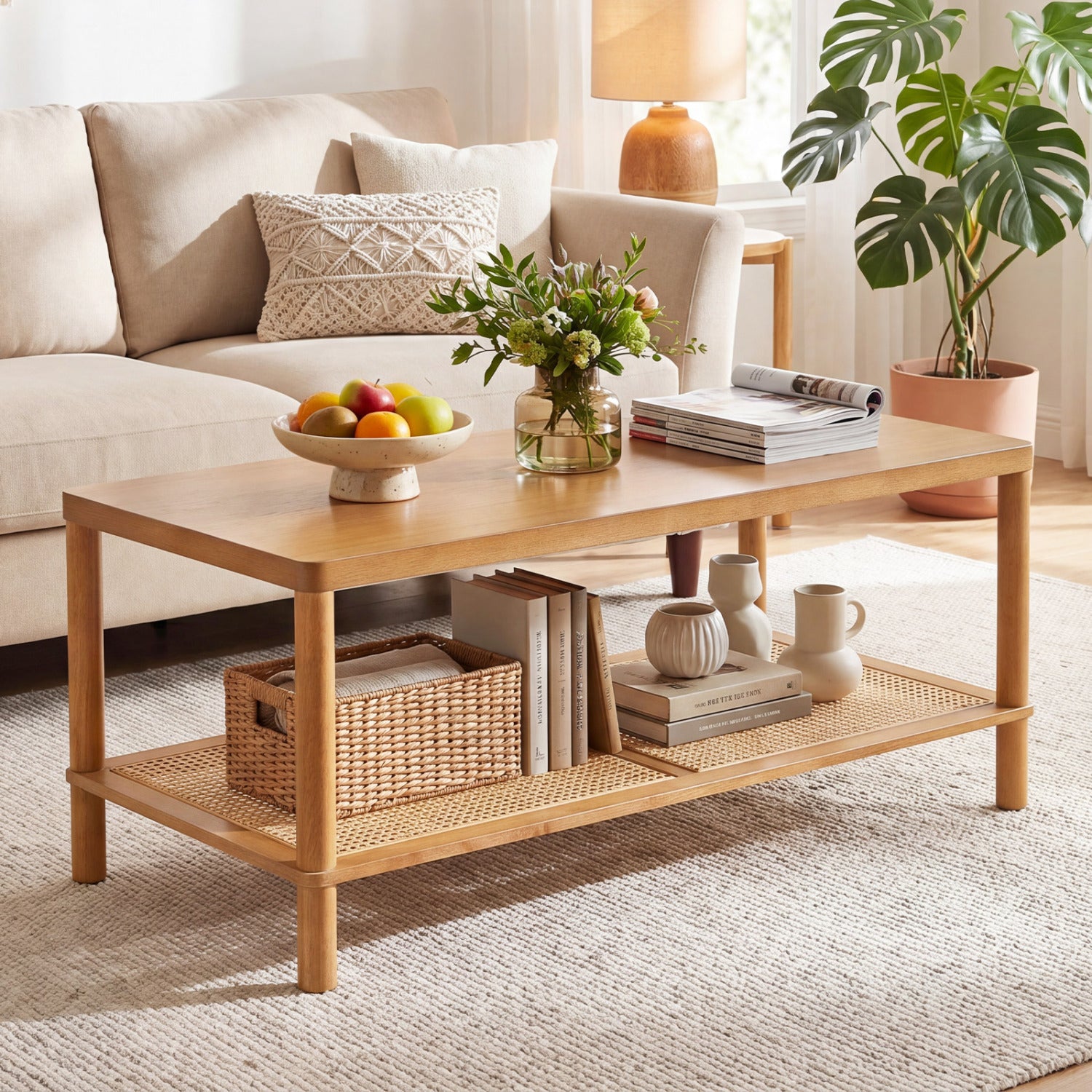 2-Tier Boho Coffee Table for Living Room Rectangular Center Table with Rubber Wood Frame and PVC Rattan Storage Shelf, Rustic Brown Coffee Tables at Gallery Canada