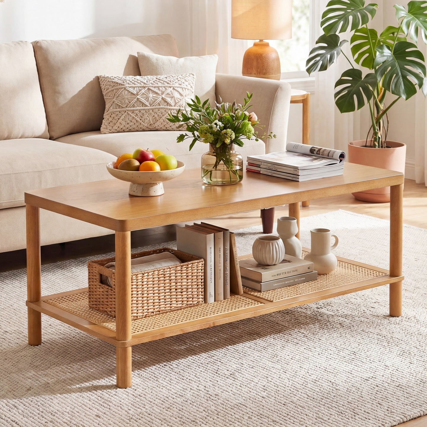 2-Tier Boho Coffee Table for Living Room Rectangular Center Table with Rubber Wood Frame and PVC Rattan Storage Shelf, Rustic Brown Coffee Tables at Gallery Canada