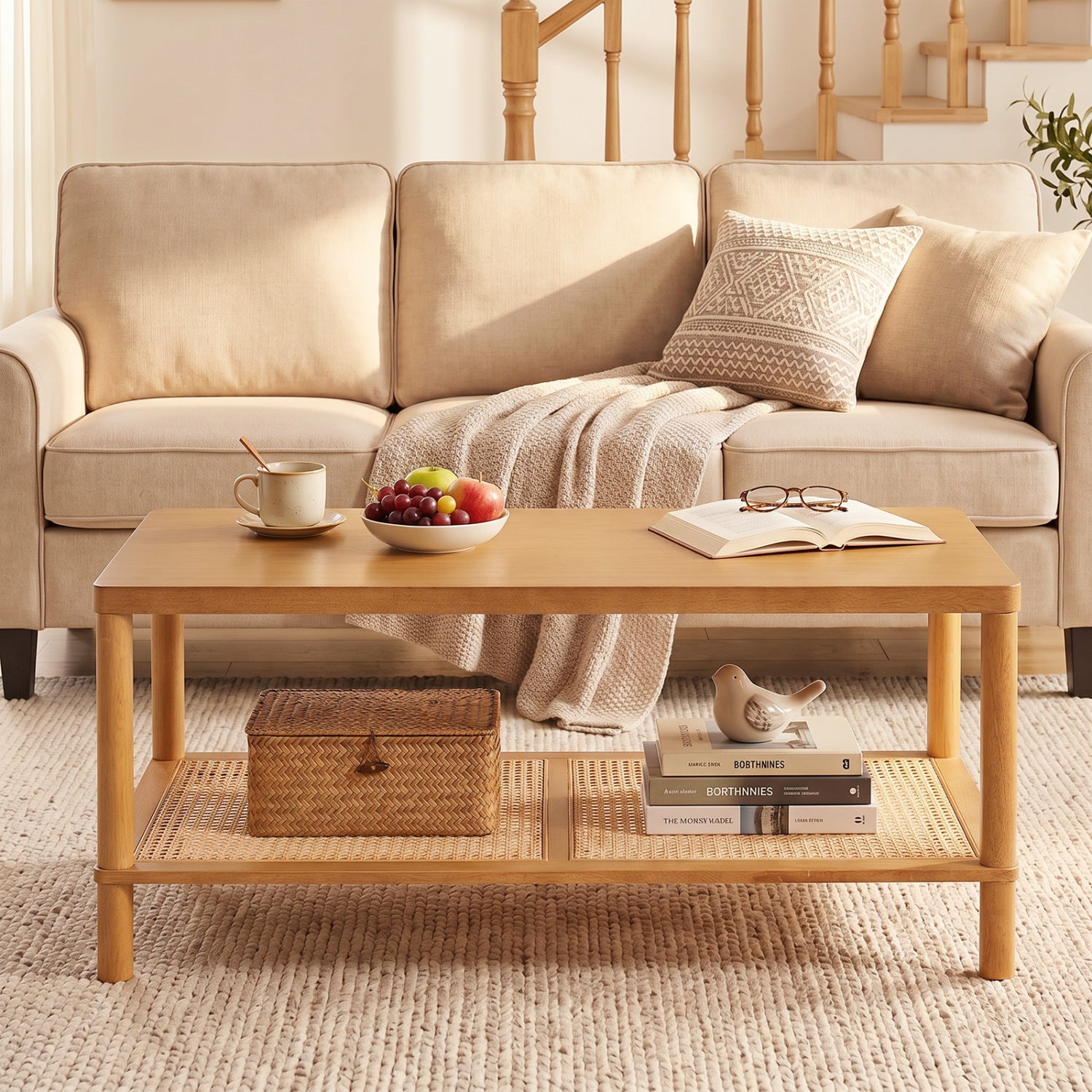 2-Tier Boho Coffee Table for Living Room Rectangular Center Table with Rubber Wood Frame and PVC Rattan Storage Shelf, Rustic Brown Coffee Tables at Gallery Canada