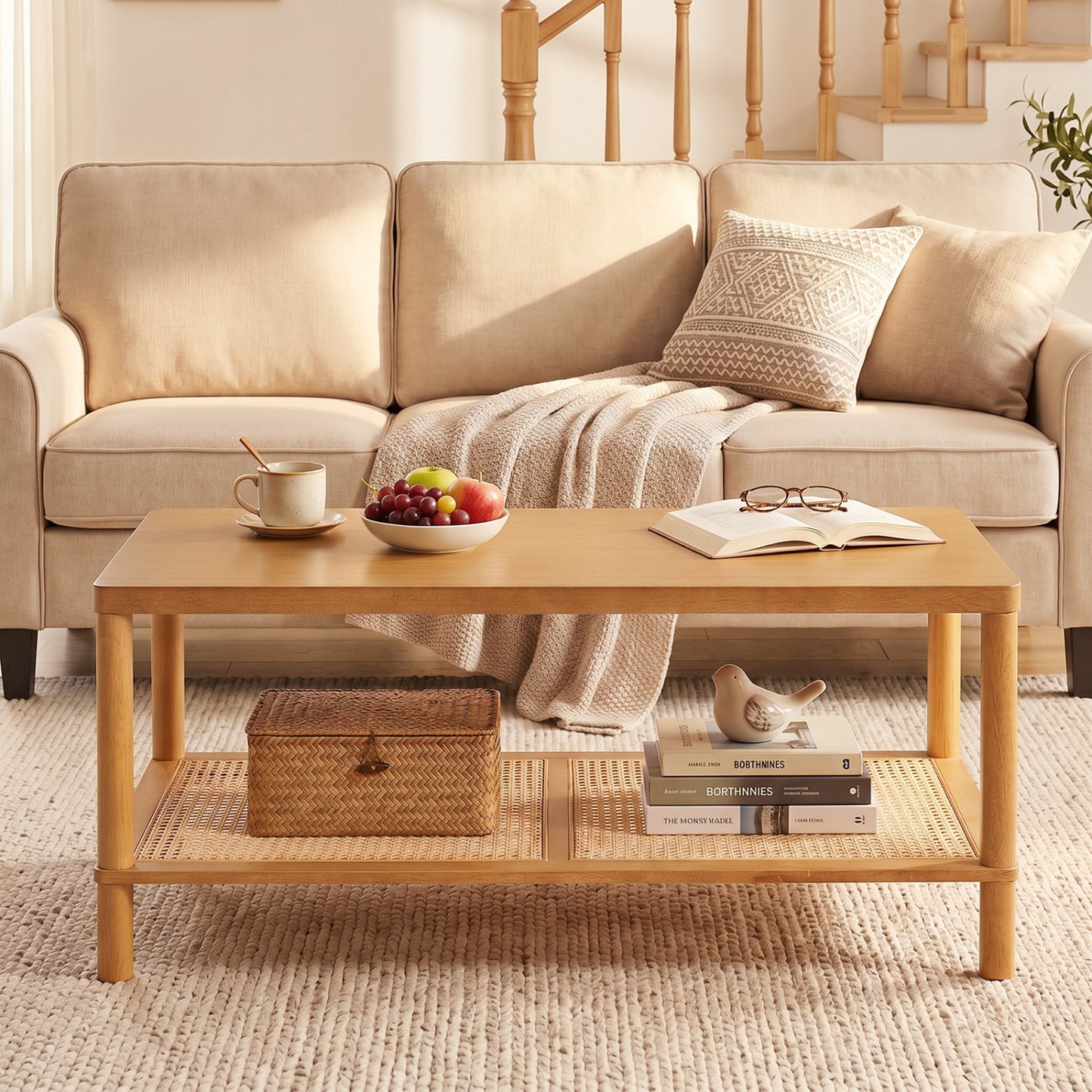 2-Tier Boho Coffee Table for Living Room Rectangular Center Table with Rubber Wood Frame and PVC Rattan Storage Shelf, Rustic Brown Coffee Tables at Gallery Canada