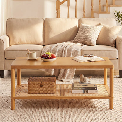 2-Tier Boho Coffee Table for Living Room Rectangular Center Table with Rubber Wood Frame and PVC Rattan Storage Shelf, Rustic Brown Coffee Tables at Gallery Canada