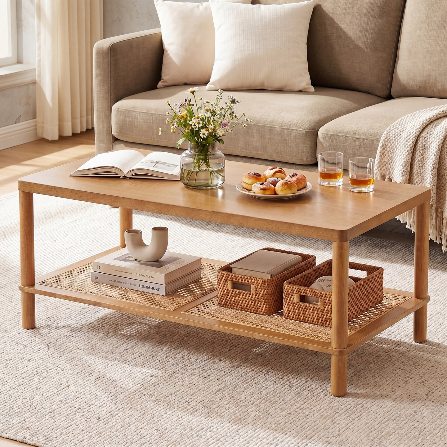 2-Tier Boho Coffee Table for Living Room Rectangular Center Table with Rubber Wood Frame and PVC Rattan Storage Shelf, Rustic Brown Coffee Tables at Gallery Canada