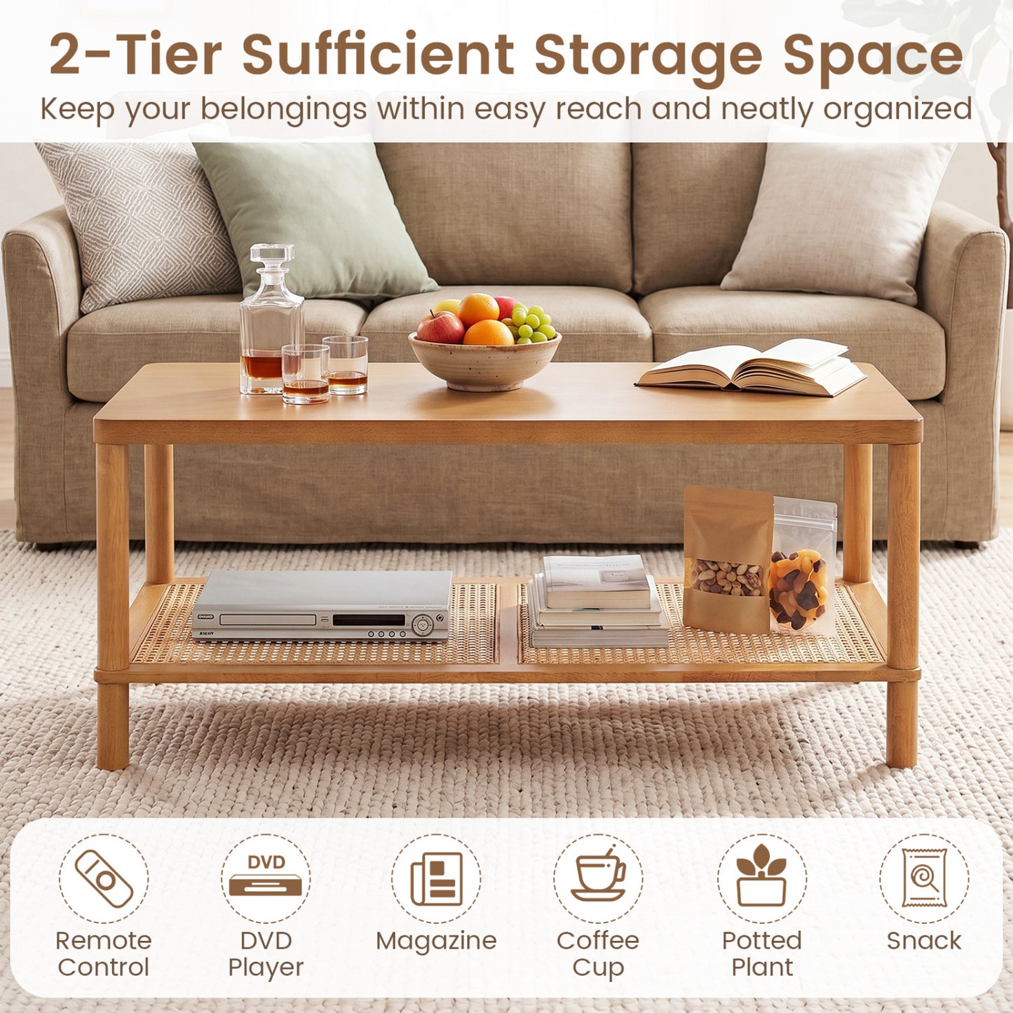 2-Tier Boho Coffee Table for Living Room Rectangular Center Table with Rubber Wood Frame and PVC Rattan Storage Shelf, Rustic Brown Coffee Tables at Gallery Canada