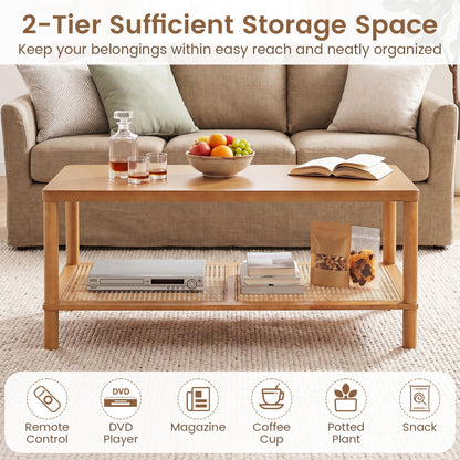 2-Tier Boho Coffee Table for Living Room Rectangular Center Table with Rubber Wood Frame and PVC Rattan Storage Shelf, Rustic Brown Coffee Tables at Gallery Canada