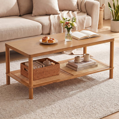 2-Tier Boho Coffee Table for Living Room Rectangular Center Table with Rubber Wood Frame and PVC Rattan Storage Shelf, Rustic Brown Coffee Tables at Gallery Canada
