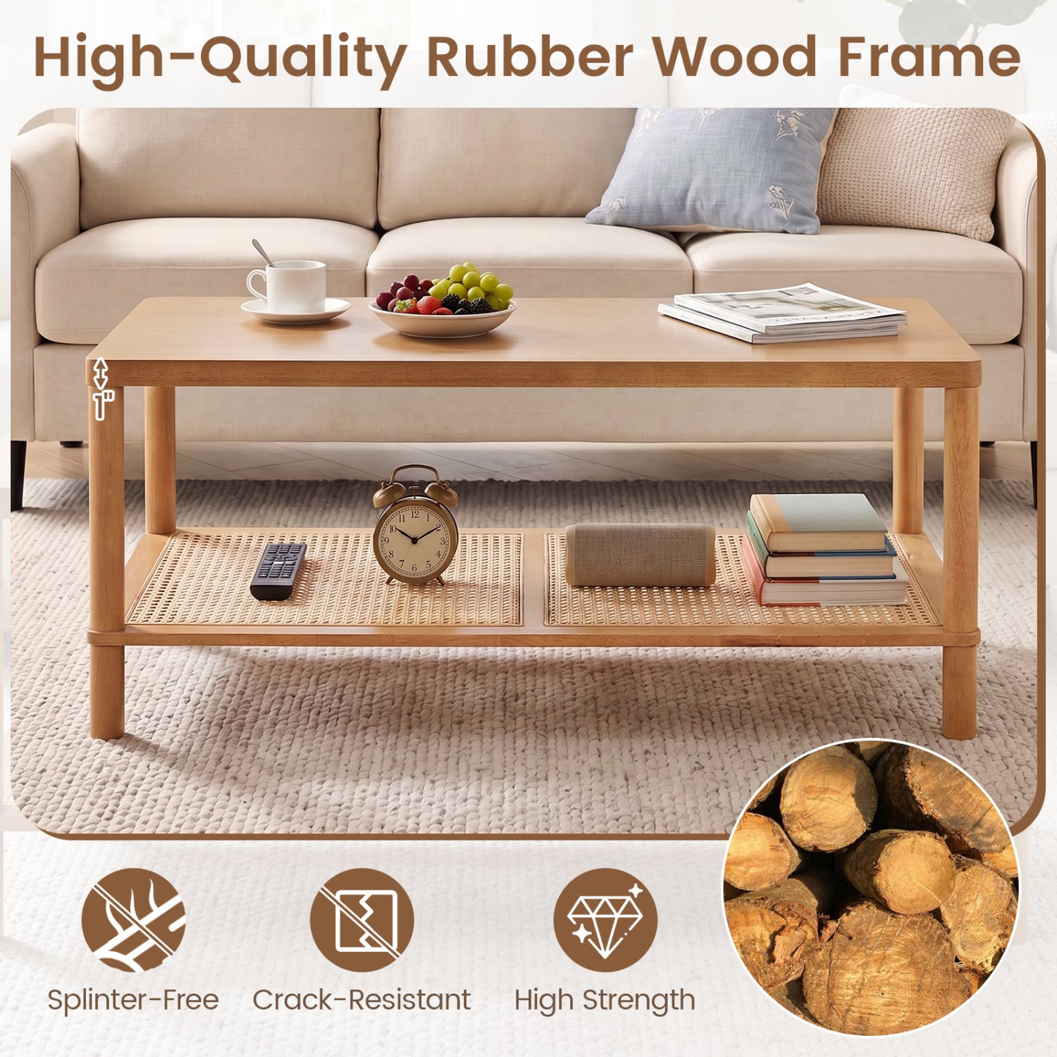 2-Tier Boho Coffee Table for Living Room Rectangular Center Table with Rubber Wood Frame and PVC Rattan Storage Shelf, Rustic Brown Coffee Tables at Gallery Canada