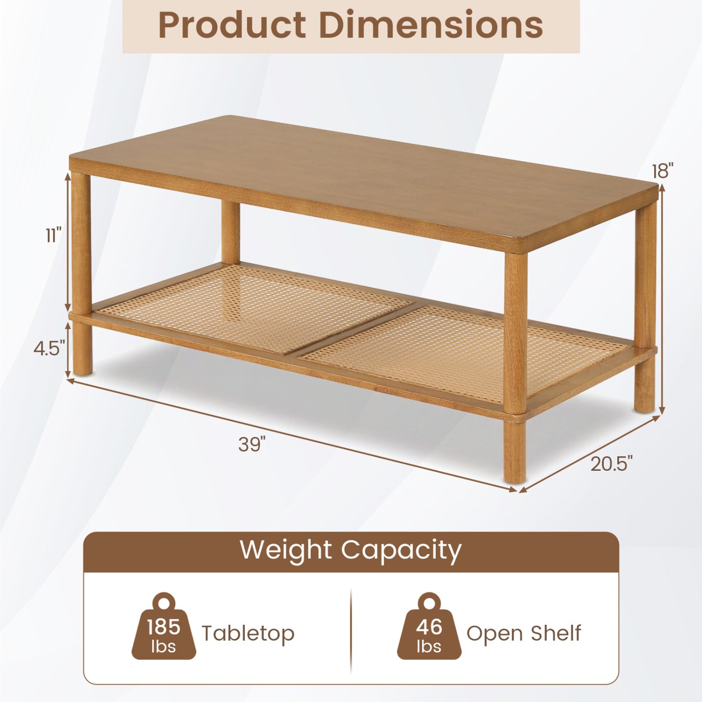 2-Tier Boho Coffee Table for Living Room Rectangular Center Table with Rubber Wood Frame and PVC Rattan Storage Shelf, Rustic Brown Coffee Tables at Gallery Canada