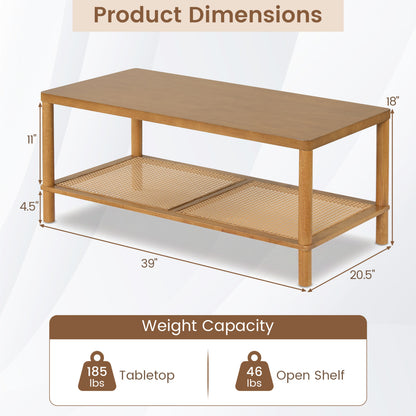 2-Tier Boho Coffee Table for Living Room Rectangular Center Table with Rubber Wood Frame and PVC Rattan Storage Shelf, Rustic Brown Coffee Tables at Gallery Canada