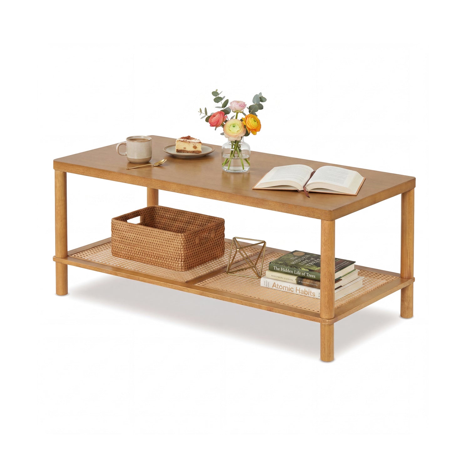 2-Tier Boho Coffee Table for Living Room Rectangular Center Table with Rubber Wood Frame and PVC Rattan Storage Shelf, Rustic Brown Coffee Tables Rustic Brown at Gallery Canada