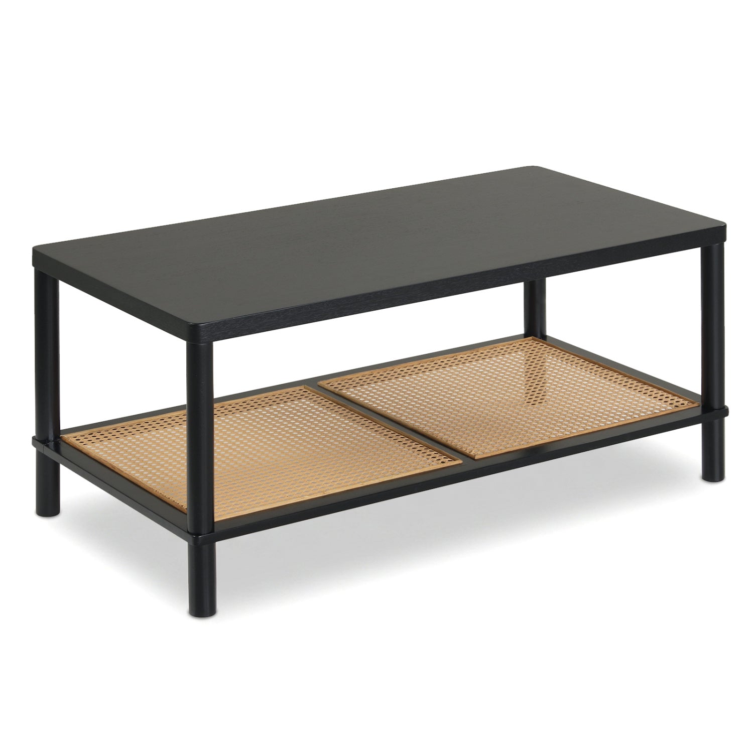 2-Tier Boho Coffee Table, Rubber Wood Frame, PVC Rattan Shelf, Black Coffee Tables at Gallery Canada