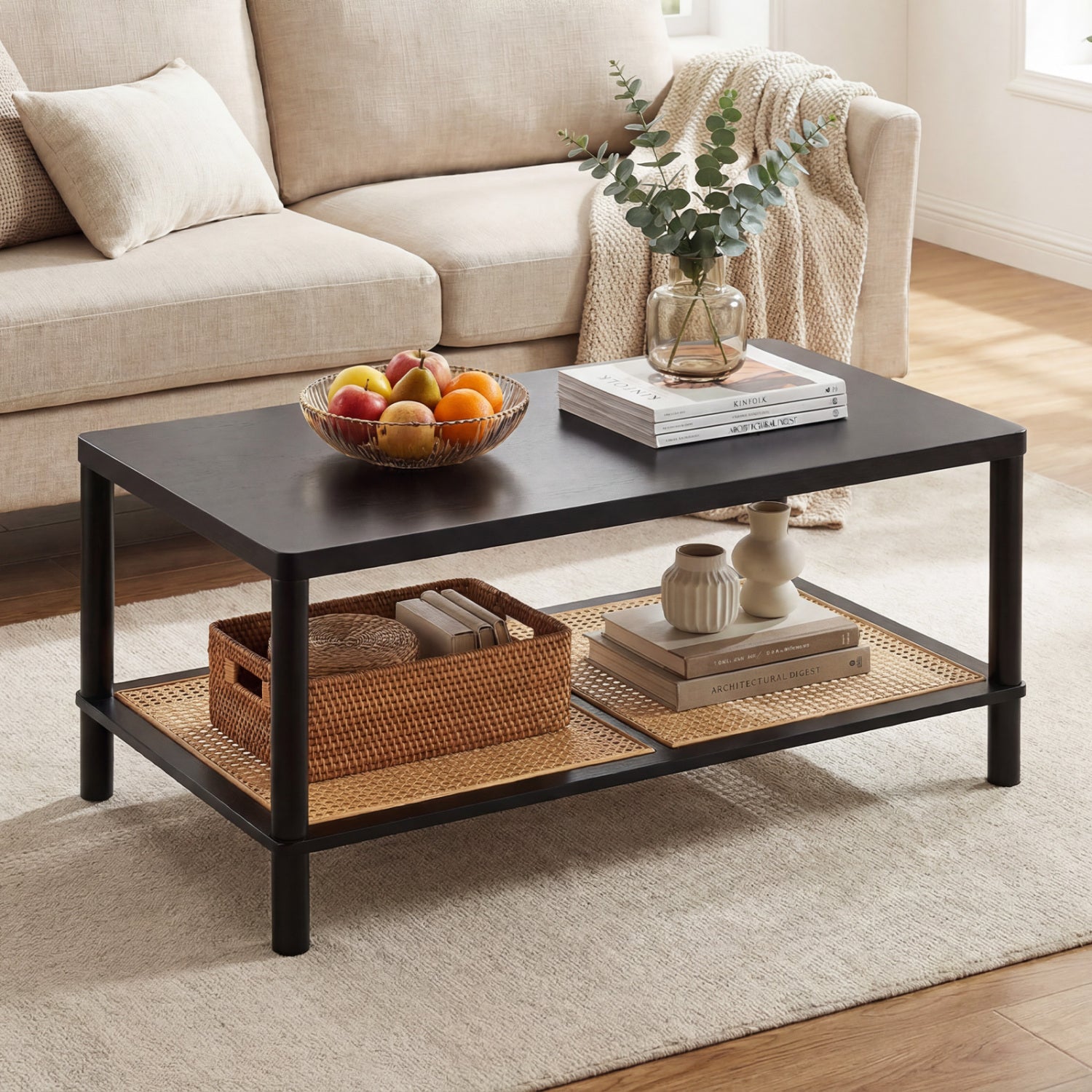 2-Tier Boho Coffee Table, Rubber Wood Frame, PVC Rattan Shelf, Black Coffee Tables at Gallery Canada