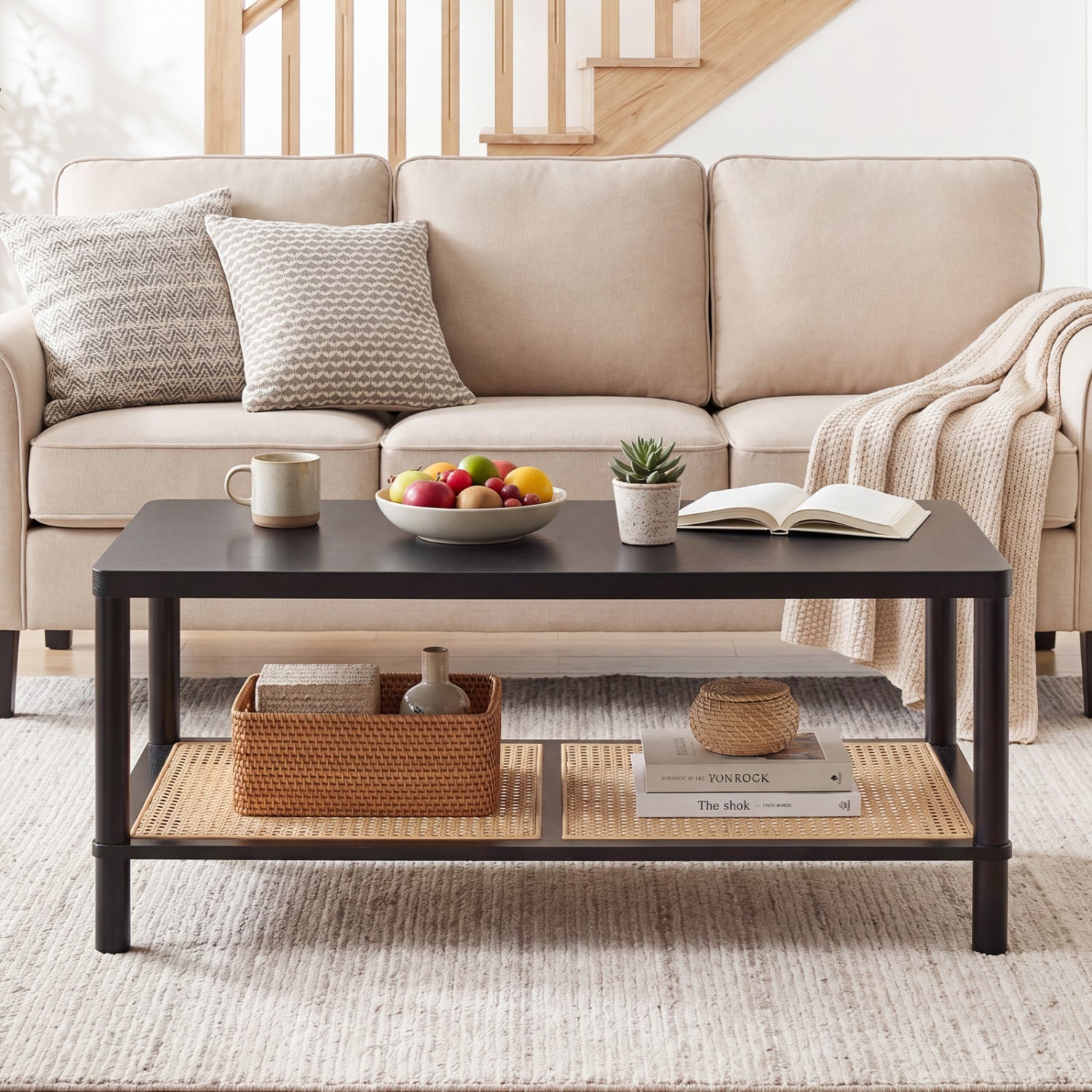 2-Tier Boho Coffee Table, Rubber Wood Frame, PVC Rattan Shelf, Black Coffee Tables at Gallery Canada