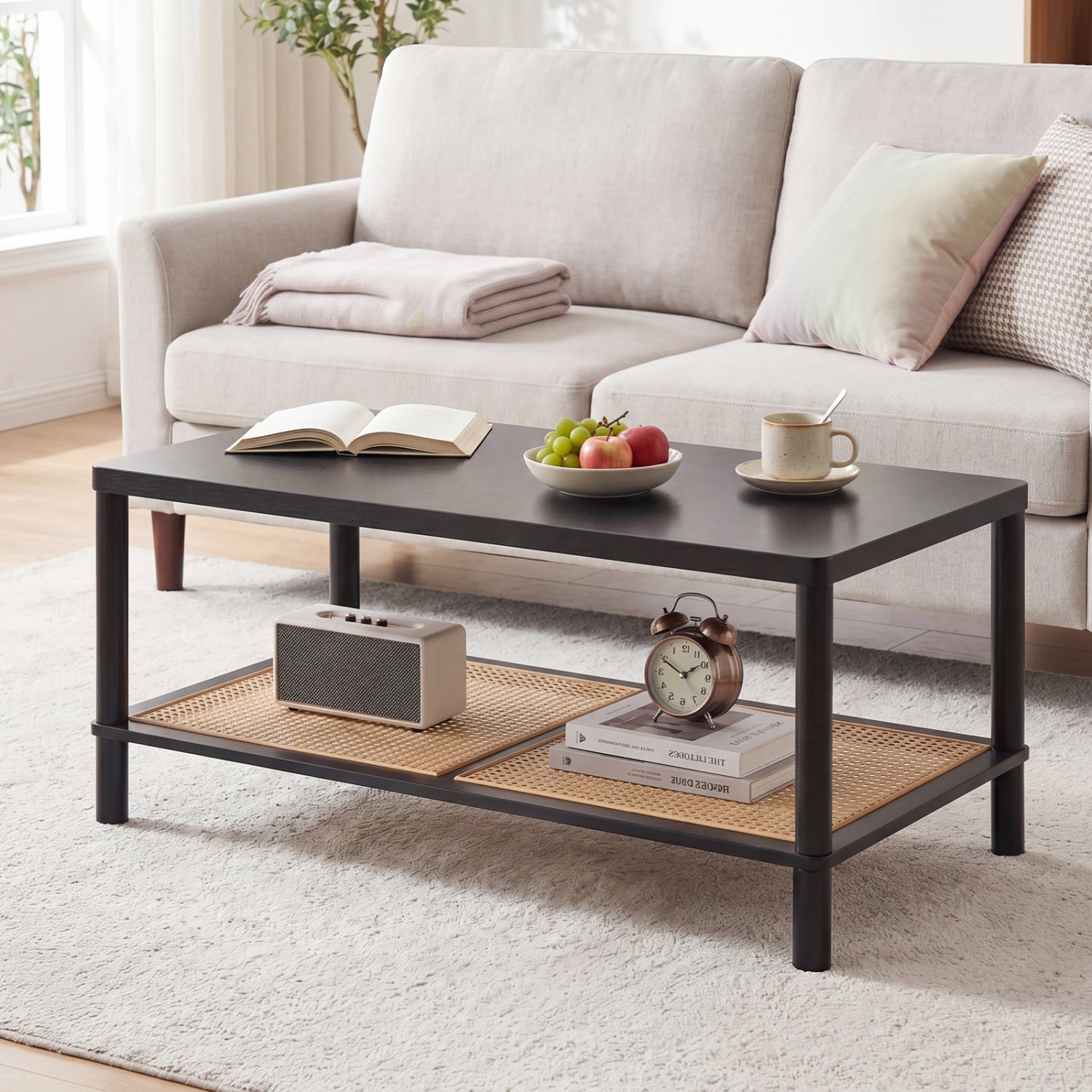2-Tier Boho Coffee Table, Rubber Wood Frame, PVC Rattan Shelf, Black Coffee Tables at Gallery Canada