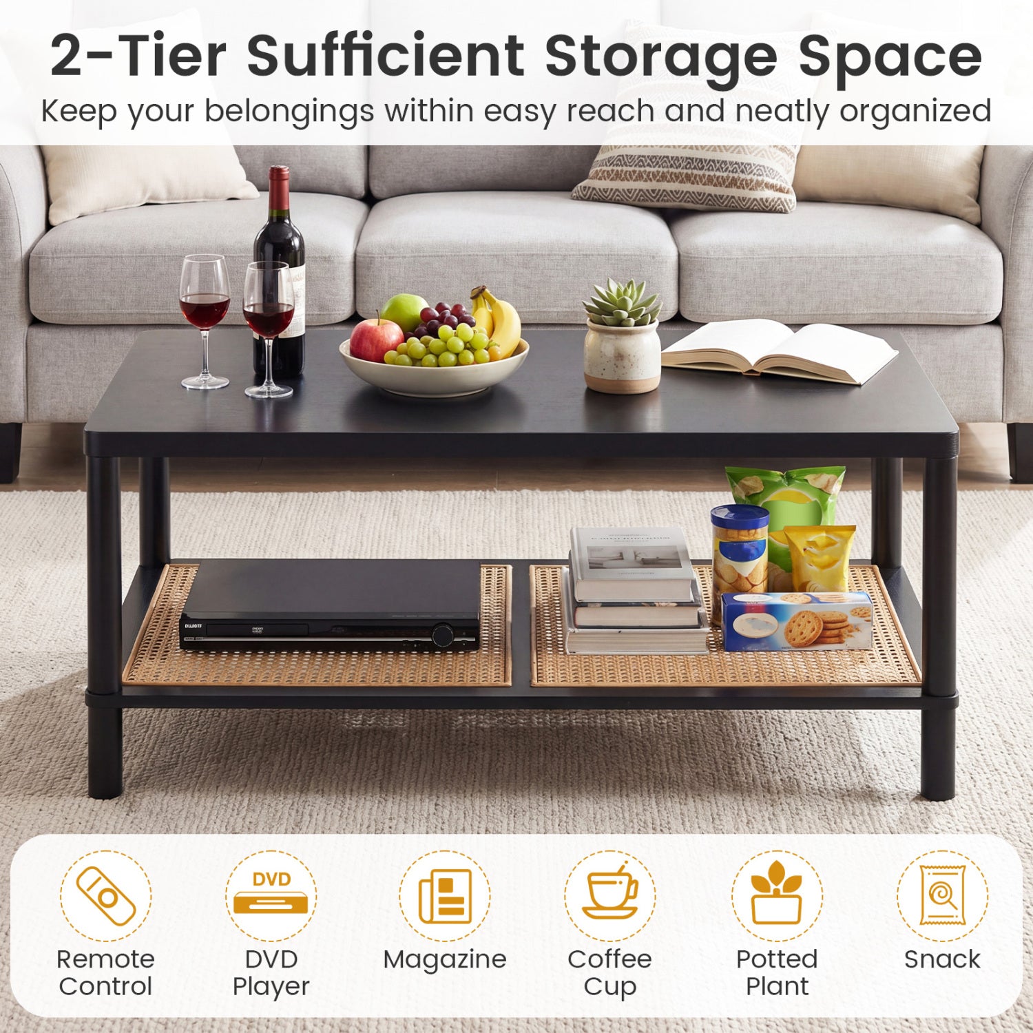 2-Tier Boho Coffee Table, Rubber Wood Frame, PVC Rattan Shelf, Black Coffee Tables at Gallery Canada