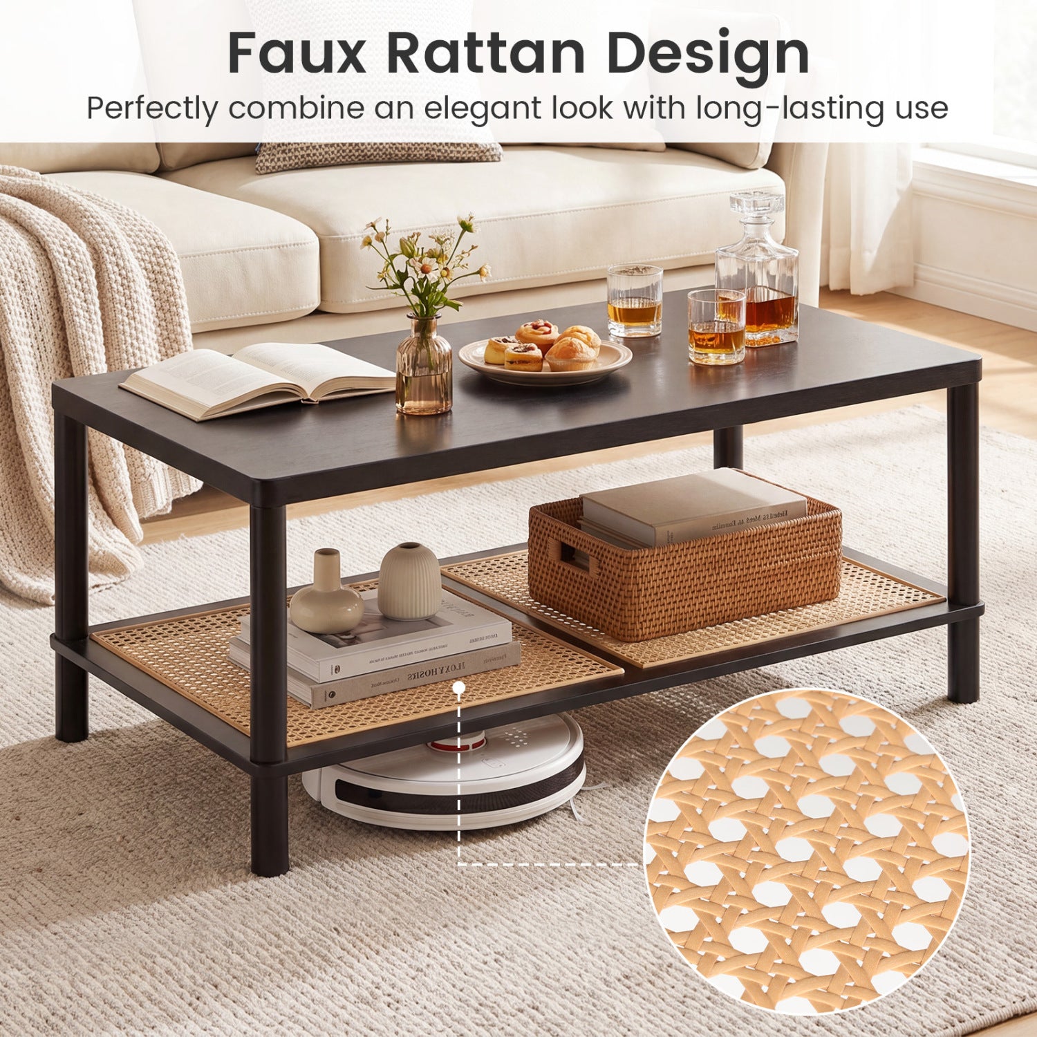 2-Tier Boho Coffee Table, Rubber Wood Frame, PVC Rattan Shelf, Black Coffee Tables at Gallery Canada