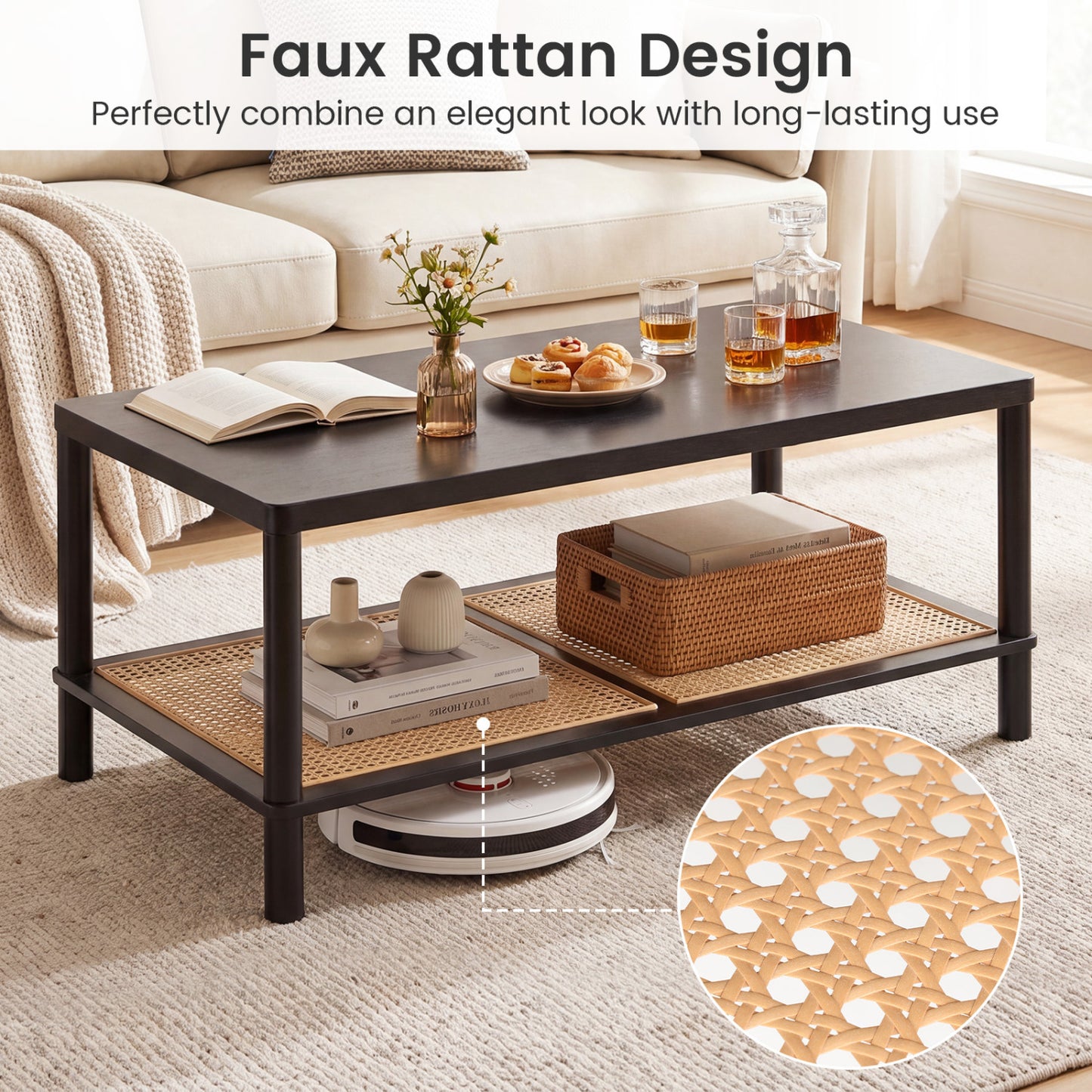 2-Tier Boho Coffee Table, Rubber Wood Frame, PVC Rattan Shelf, Black Coffee Tables at Gallery Canada