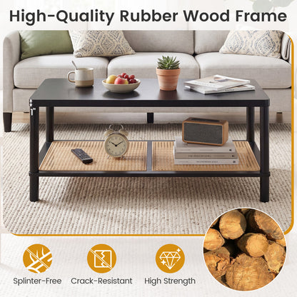 2-Tier Boho Coffee Table, Rubber Wood Frame, PVC Rattan Shelf, Black Coffee Tables at Gallery Canada