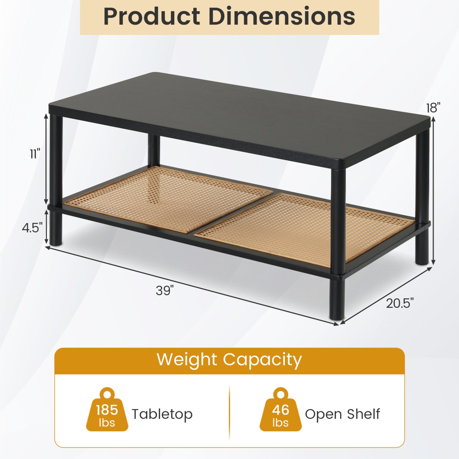2-Tier Boho Coffee Table, Rubber Wood Frame, PVC Rattan Shelf, Black Coffee Tables at Gallery Canada