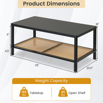 2-Tier Boho Coffee Table, Rubber Wood Frame, PVC Rattan Shelf, Black Coffee Tables at Gallery Canada