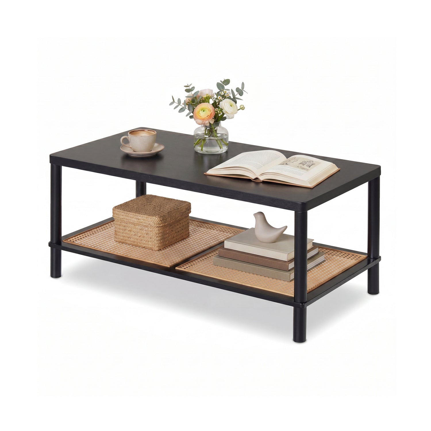 2-Tier Boho Coffee Table, Rubber Wood Frame, PVC Rattan Shelf, Black Coffee Tables Black at Gallery Canada