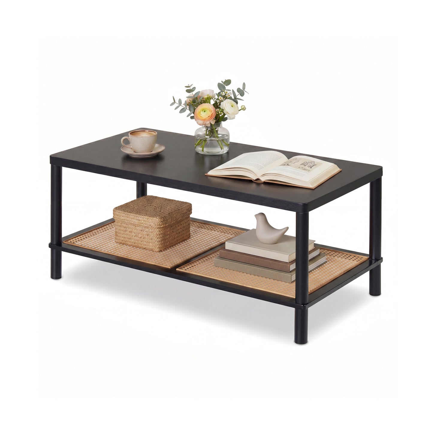 2-Tier Boho Coffee Table, Rubber Wood Frame, PVC Rattan Shelf, Black Coffee Tables Black at Gallery Canada