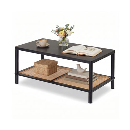 2-Tier Boho Coffee Table, Rubber Wood Frame, PVC Rattan Shelf, Black Coffee Tables Black at Gallery Canada