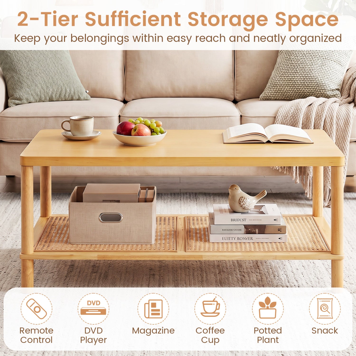2-Tier Boho Coffee Table, Rectangular, PVC Rattan Shelf, Rubber Wood, Natural Coffee Tables at Gallery Canada